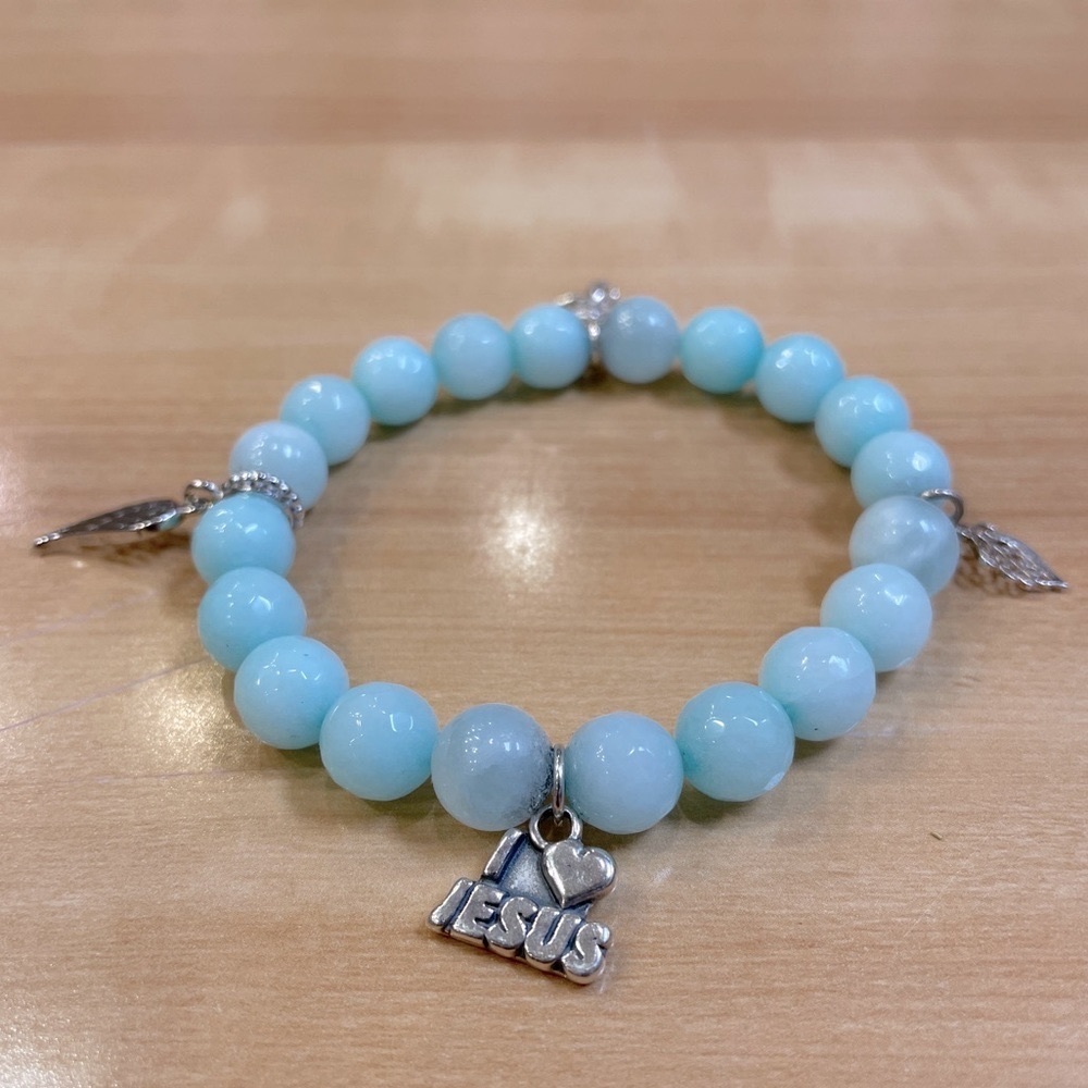 “I Love Jesus” Bracelet w/ Dyed Blue Jade and 925 Sterling Silver